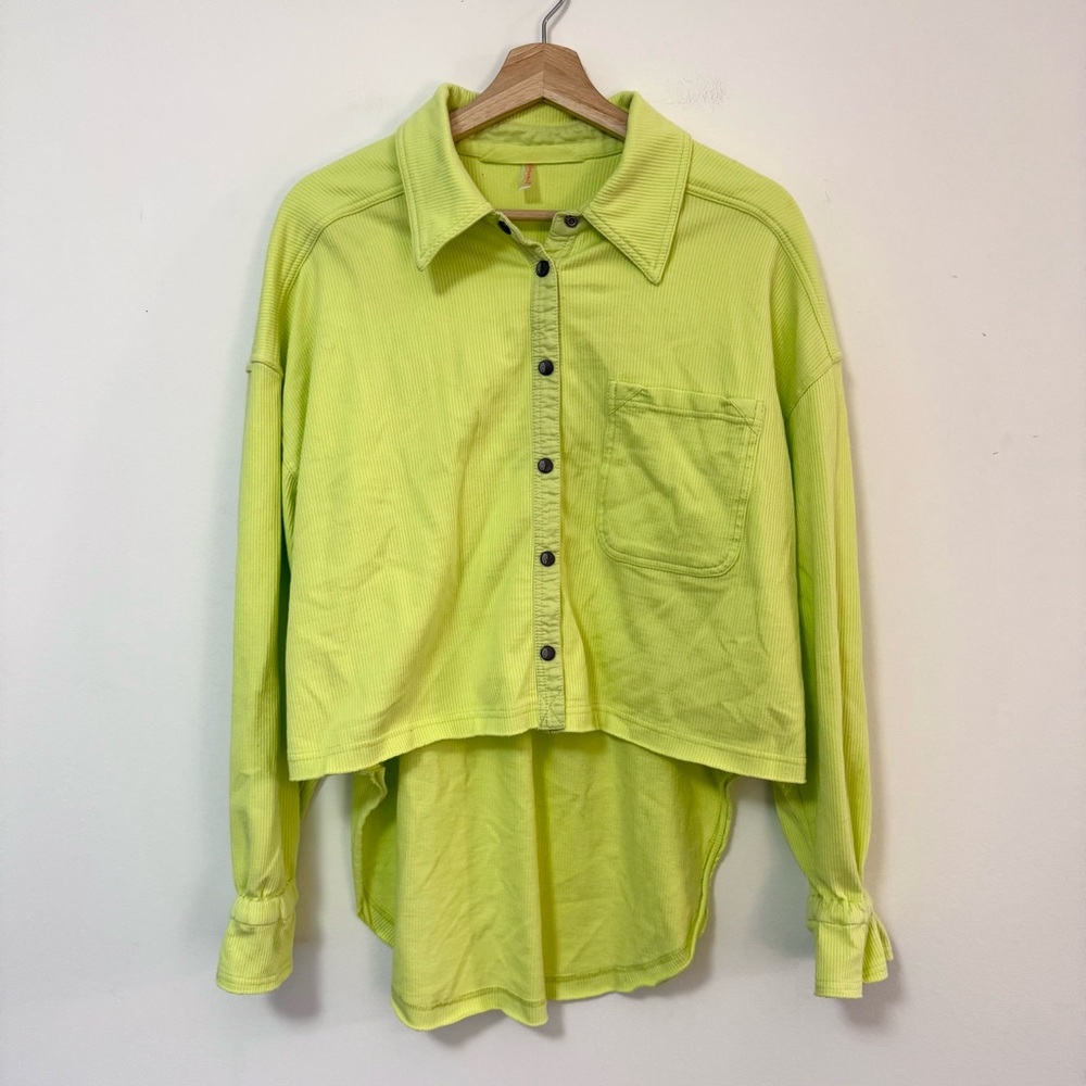 Free People Movement Lime Green Ribbed Snap Front Oversized Shacket Shirt XS